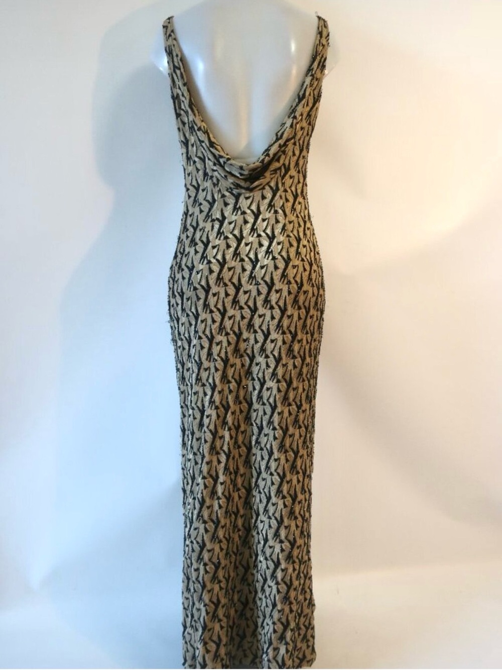 Carmen Marc Valvo Signature Beaded Cowl Neck Gown Taupe Tan Black Size 10 - Picture 6 of 10